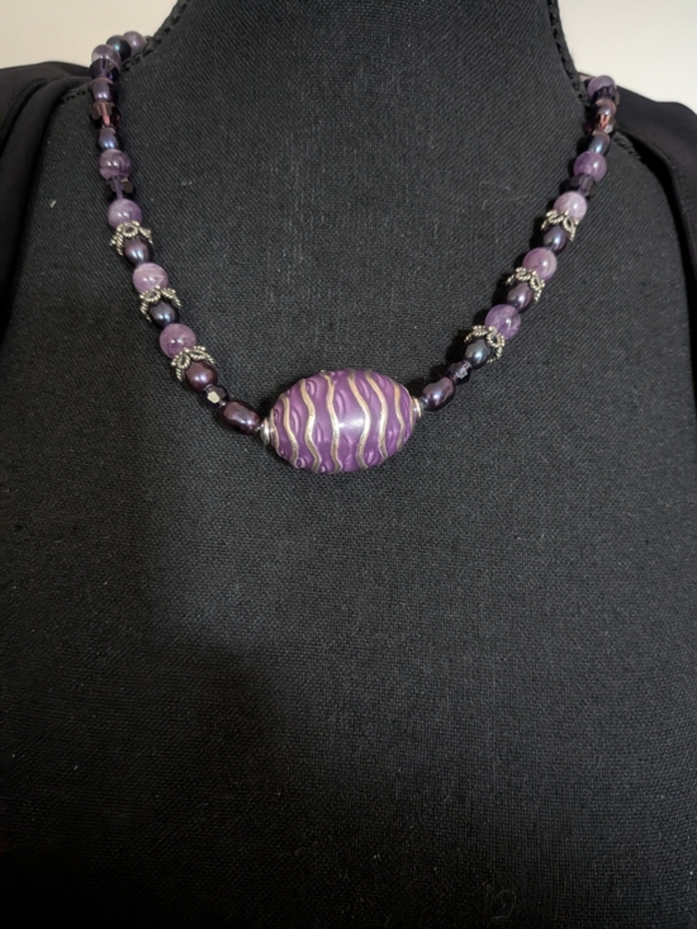 Beautiful Artisan Sterling Silver Amethyst & Genuine Pearl Statement Necklace